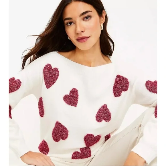 NWT Shimmer Heart Boatneck Sweater White & Pink Size XS - Picture 2 of 6